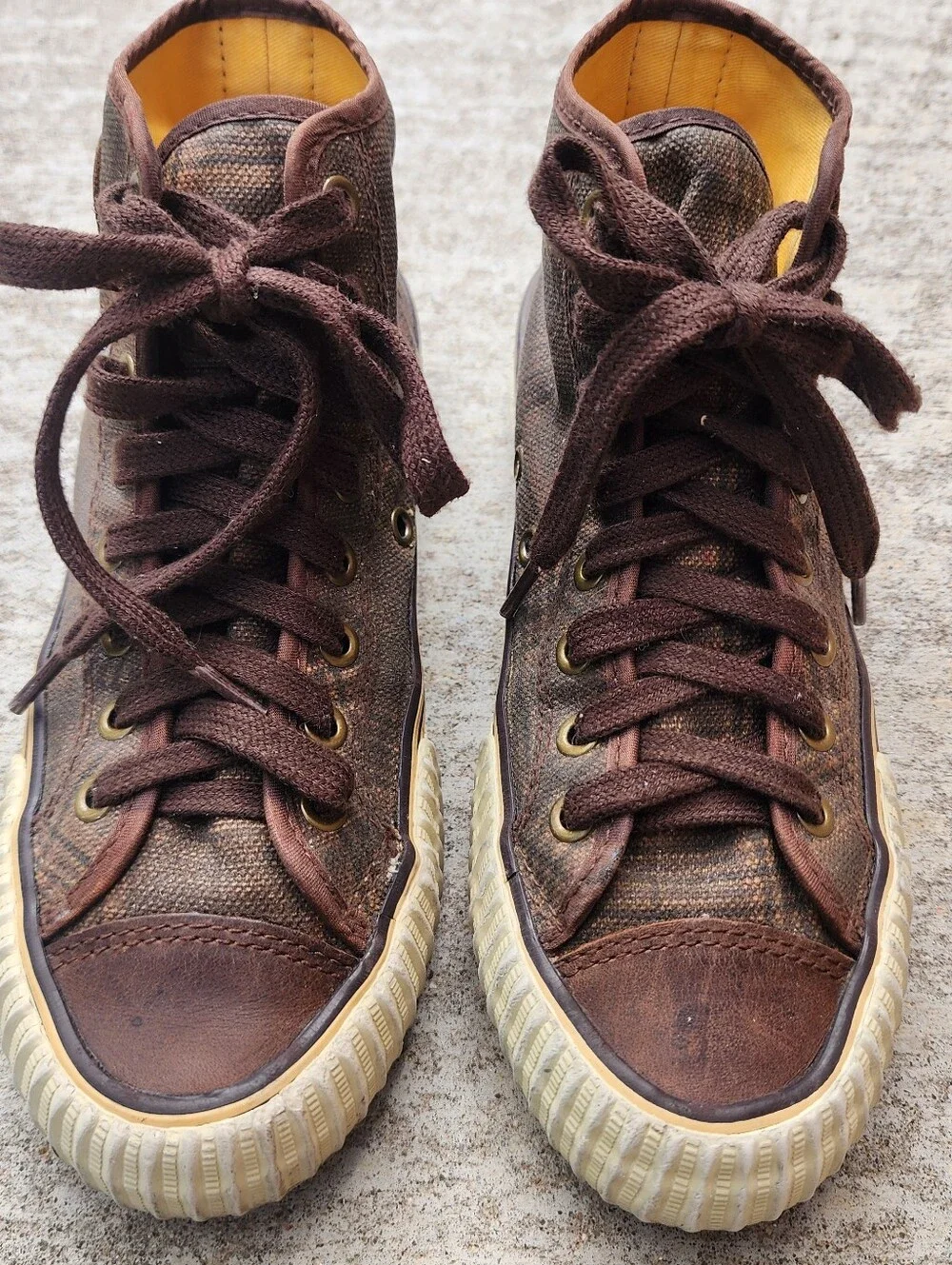 PF Flyers Brown Canvas Plaid High-Top Grunge Skater Sneakers, Sz M 5.5, W 7